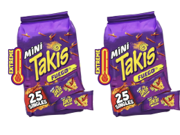Takis Fuego Mini 25 pc / 1.23 oz Bite Size Multipack, Hot Chili Pepper & Lime Flavored Extreme Spicy Rolled Tortilla Chips (Pack of 2)